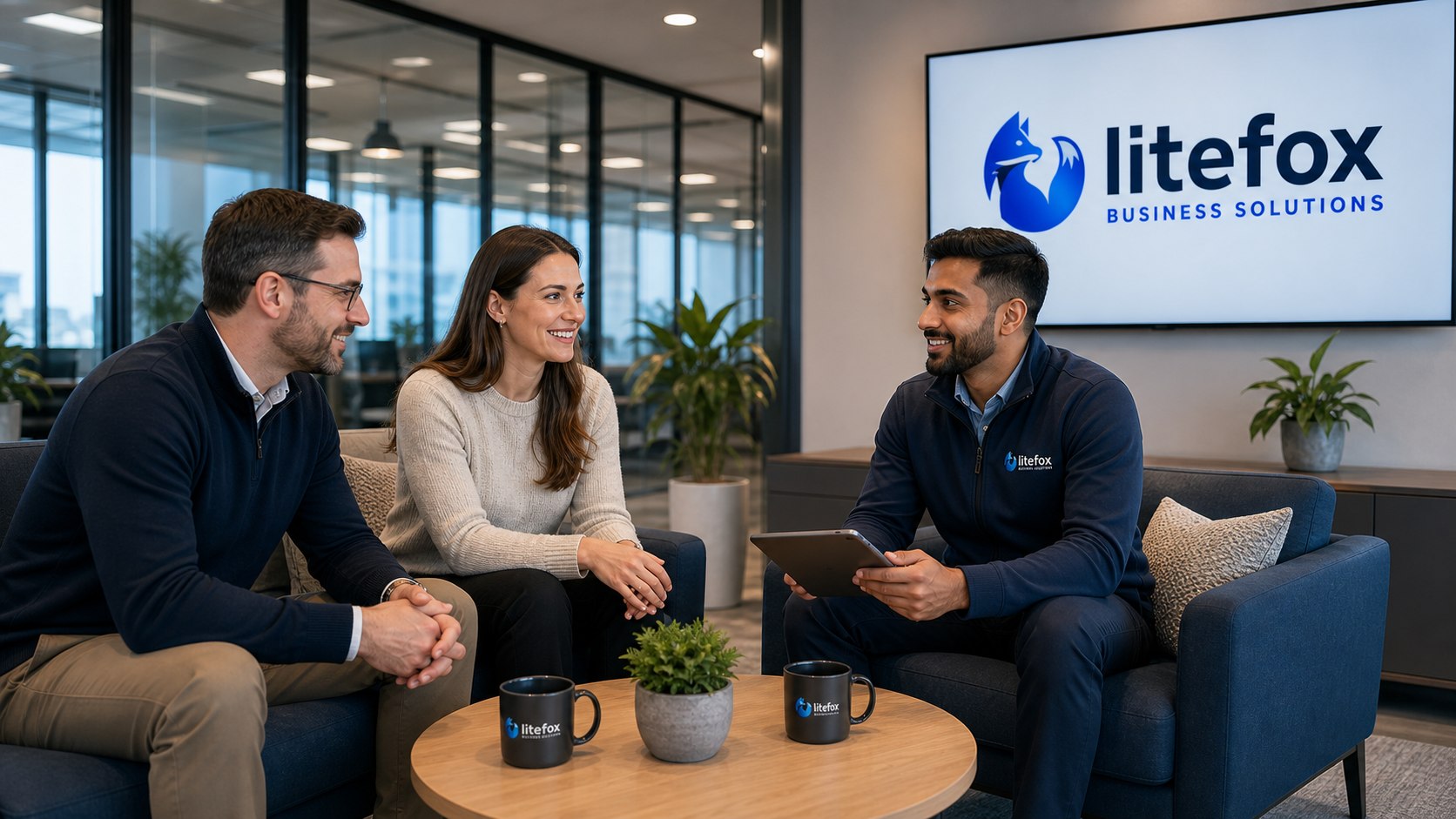 Business technology conversation in a modern Litefox office lounge