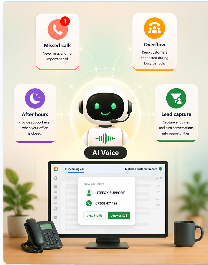 AI call assistant visual showing missed calls, overflow, after-hours support and lead capture