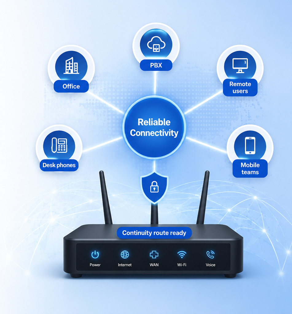 Reliable connectivity diagram linking office, PBX, remote users, desk phones and mobile teams