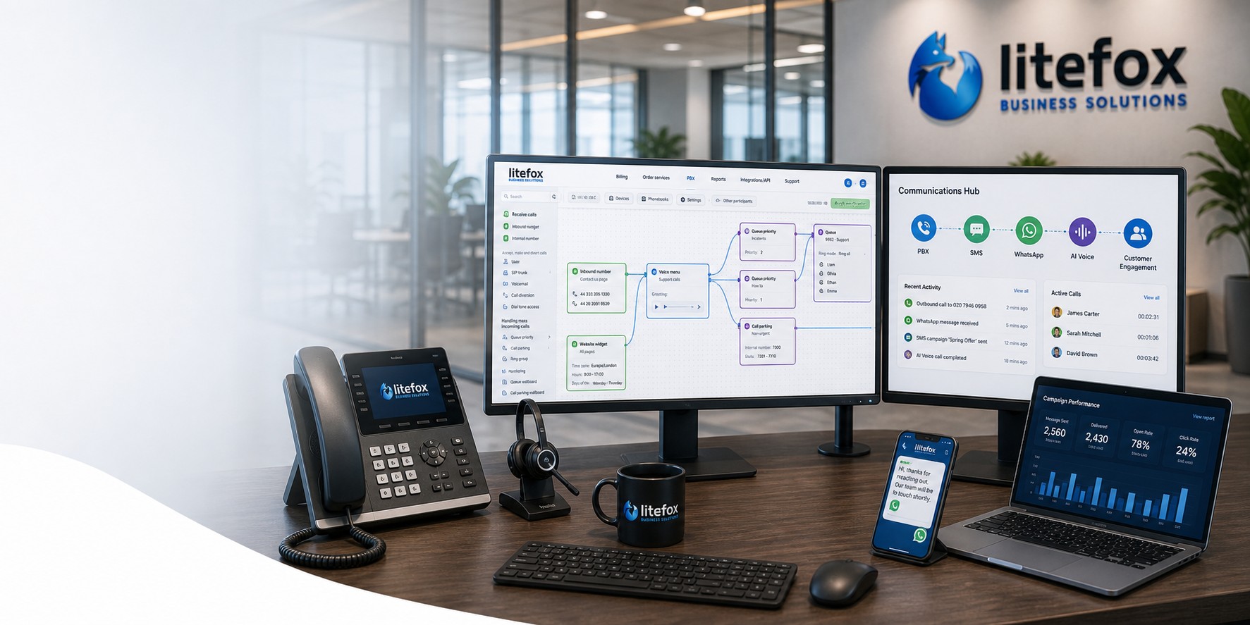 Business communications workstation with phone, dashboards and connected devices
