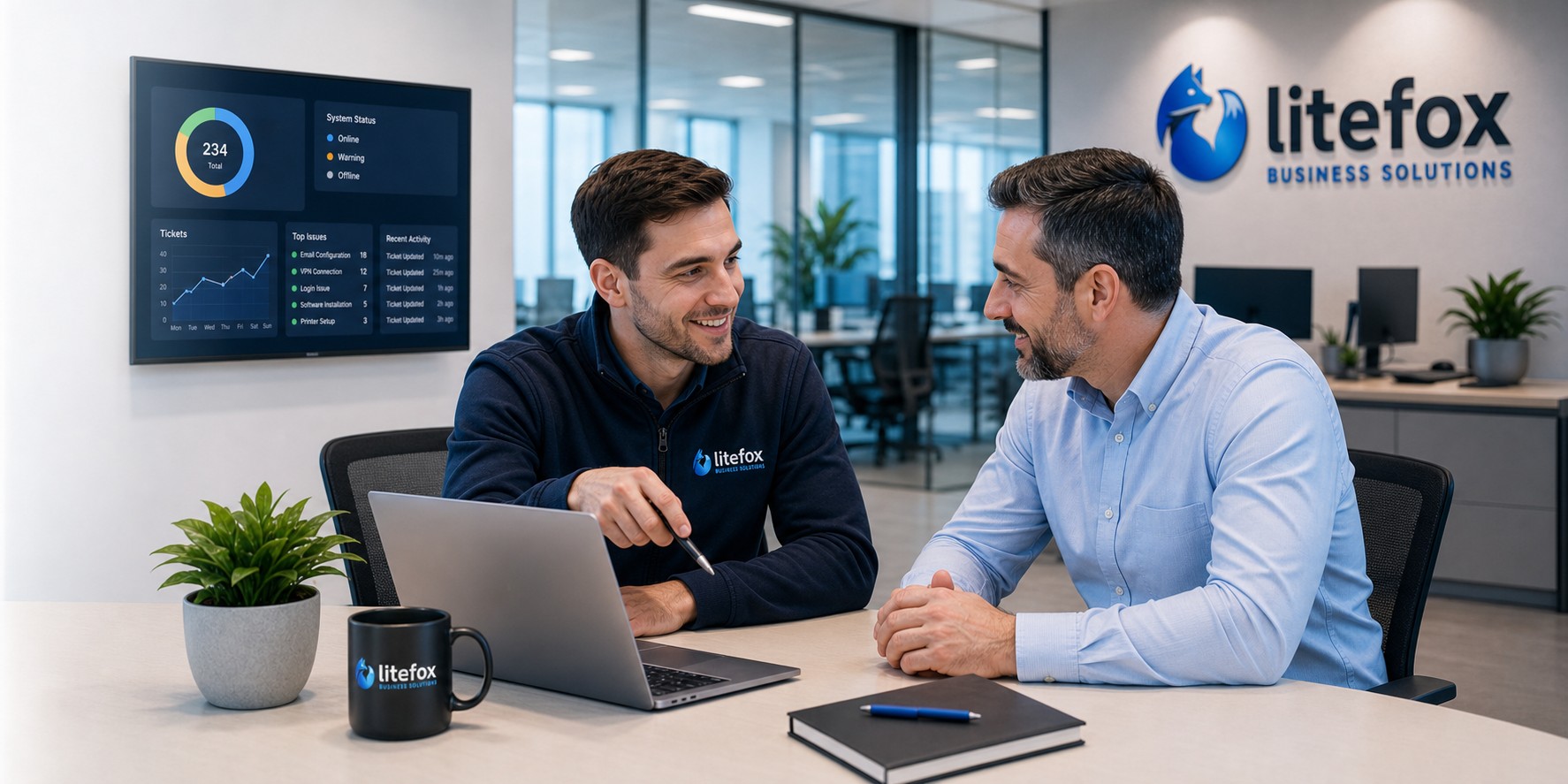 Litefox engineer reviewing business IT with a customer in a modern office