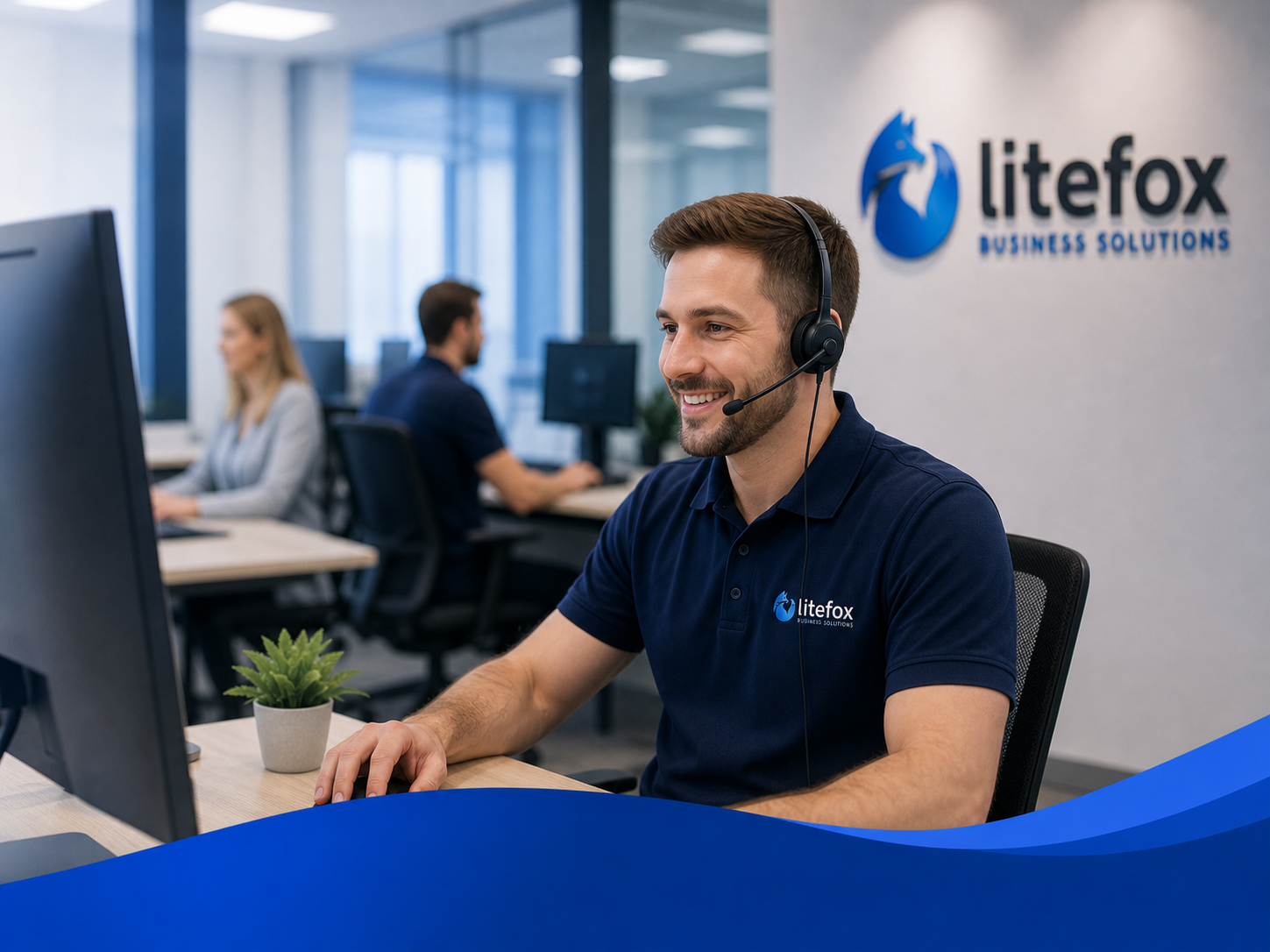 Litefox support engineer helping business users in a modern office