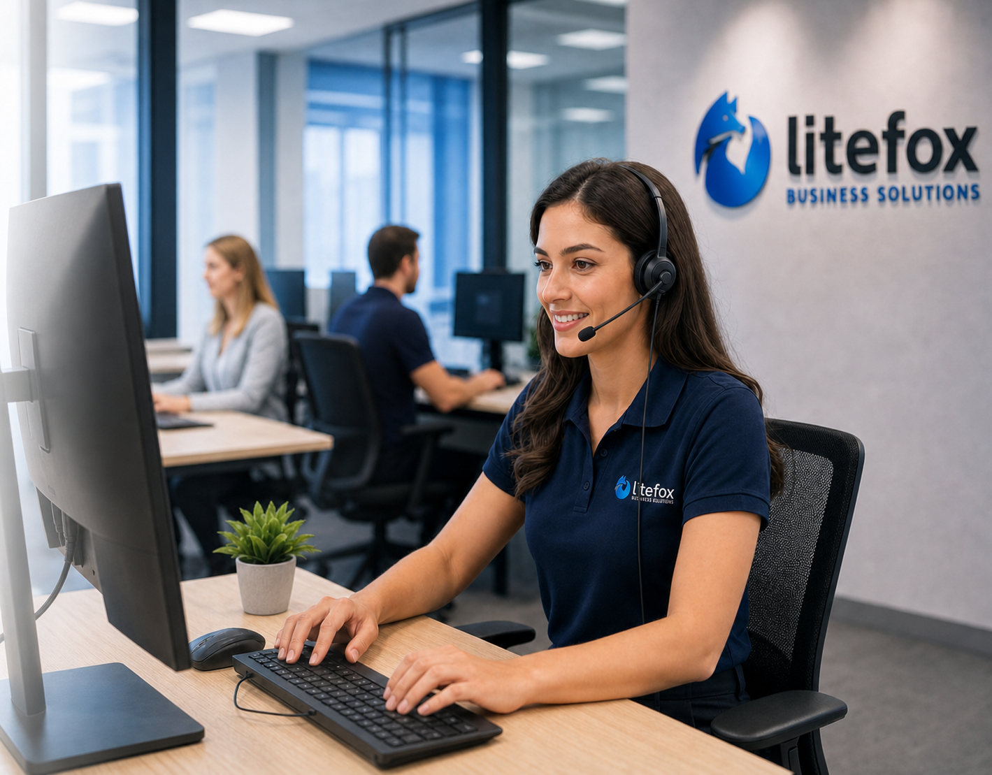 Litefox support engineer helping business users in a modern office