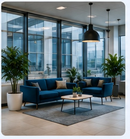 Modern business lounge with blue seating and office plants
