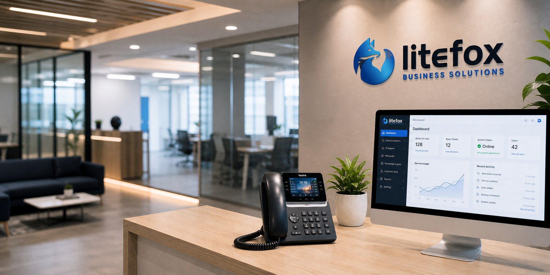 Litefox reception office with business phone and dashboard screen