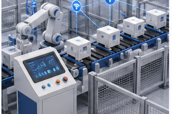 Manufacturing team coordinating operations with technology