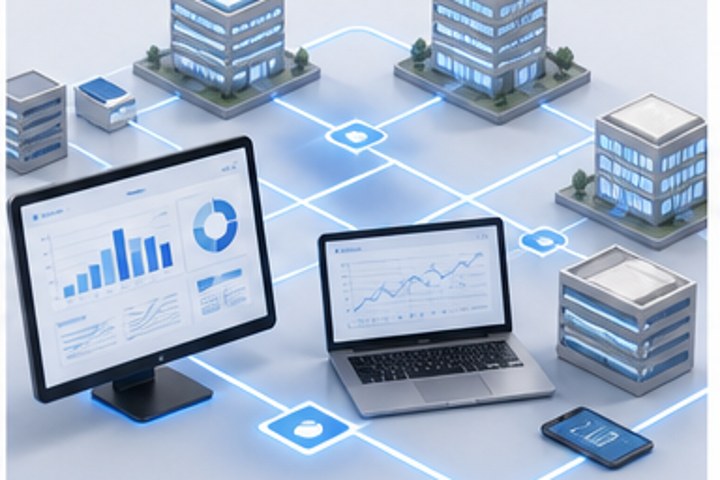 Multi-site business team reviewing connected operations