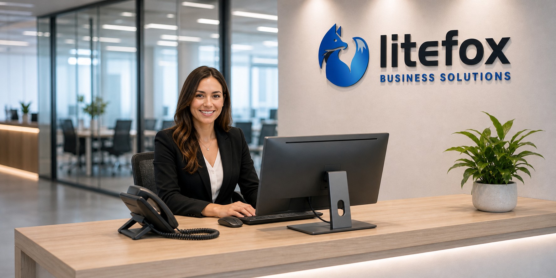 Litefox receptionist at a branded reception desk with phone and computer