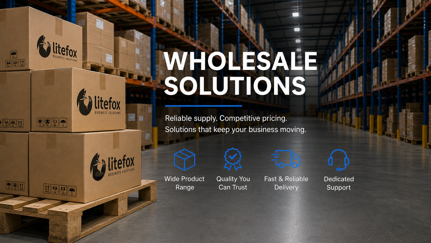 Wholesale solutions warehouse banner with monochrome Litefox branded boxes and service icons